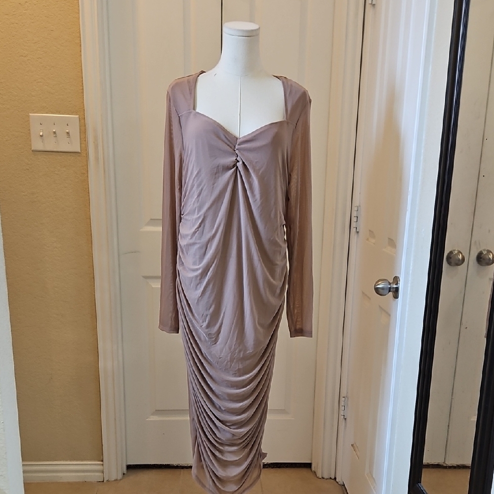 Shein Taupe Nude Mesh Ruched Long Sleeve Bodycon Midi Dress Size 3XL